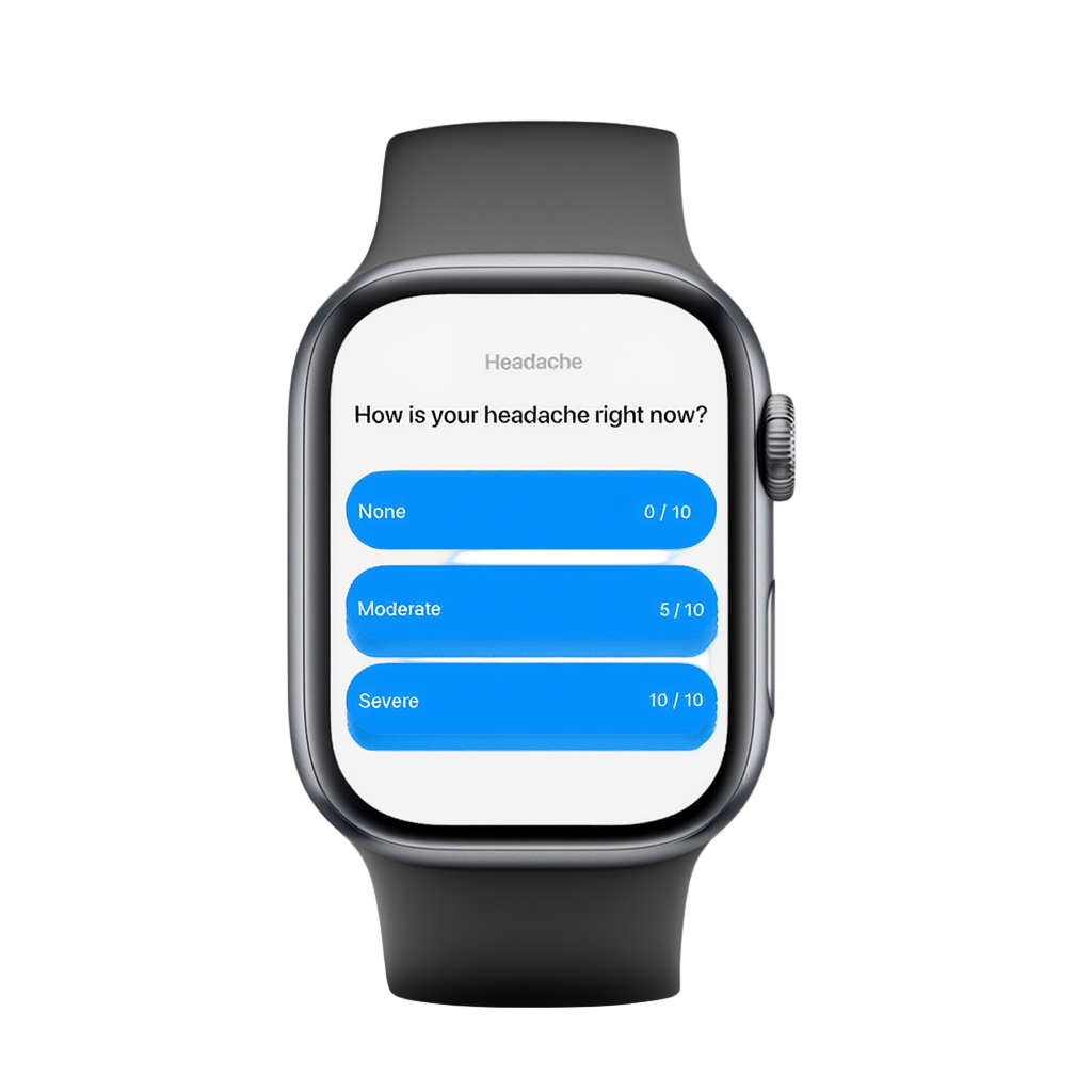 Qupi app on Apple Watch showing quick headache severity logging